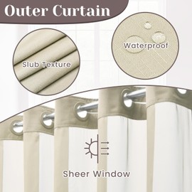 SORTTO No Hook Slub Textured Shower Curtain with Snap in Liner - Linen Fabric Outer Curtain & Waterproof Inner Liner, Hotel Style with See Through Top Window, 71x74 in