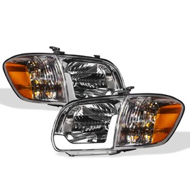 TLAPS 7422439423497 Compatible With 2005-2006 Toyota Tundra Double (Crew) Cab / 2005-2007 Sequoia DRL LED Strip Bar Chrome Housing Headlights With Signal Corner Lamps Amber Reflector 4-Pieces Design