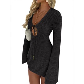 ANRABESS Womens Swimsuit Crochet Swim Cover Up Summer Bathing Suit Swimwear Hollow Out Mesh Knit Beach Dress Vacation Outfits Black Small