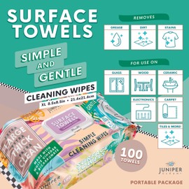 Juniper CLEAN 1 Pack Surface Cleaning Wipes Bleach Free, Thick & Large Dispose, All-Purpose Cleaner for Bathroom, Kitchen, Office, 100 Count Soft Flow, Biodegradable, Lavender Scent