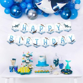 Fangleland Shark Happy Birthday Banner Decorations - Ocean Shark Themed Garland Hanging Decors Birthday Celebration Party Supplies, Shark Decorations for Birthday Party