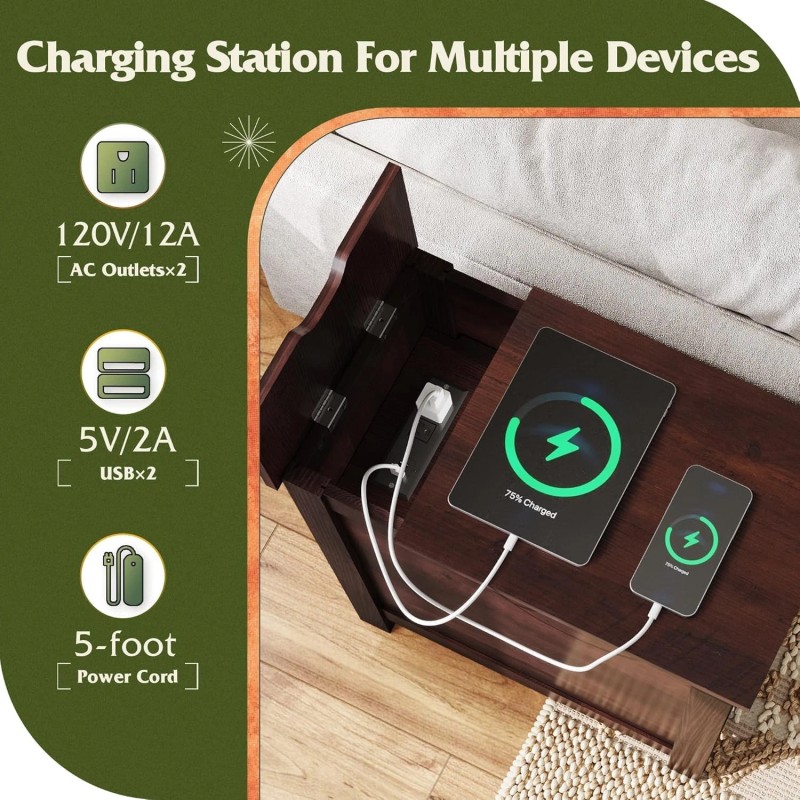 Wlive End Table with Charging Station, Narrow Side Table for