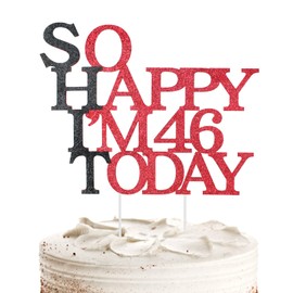 Decoración para tartas de 46 años con purpurina para fiestas de cumpleaños de 46 años, suministros divertidos para decoración de tartas de 46 cumpleaños para mujeres, hombres, papá, mamá, él, ella, decoración de pasteles, color rojo y negro