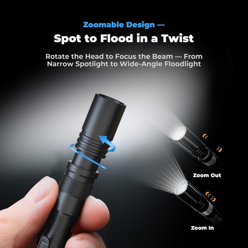 Rechargeable Pen Light Flashlight, 800LM Zoomable Pocket Flashlights with Clip