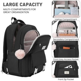 KROSIAS School Backpack for Girls Teens, Cute Aesthetic College Backpacks Large 15.6 Inch Laptop Bag Preppy Bookbag for Women Students Travel (Black)