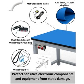 Groundhug by Scientific Americas - ESD Anti Static Mat - 3 Layer Vinyl ESD Mat with Anti Static Wrist Strap, Grounding Cable, & Dual Bench Grounding - 2' x 7', Blue