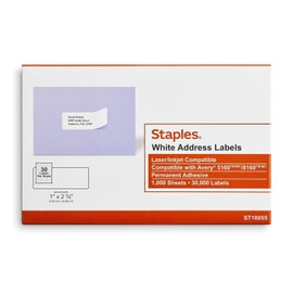 Staples Laser/Inkjet Address Labels, 1-inch x 2 5/8-inch, White, 30 Labels/Sheet, 60000/Carton (ST18055-CCVS)