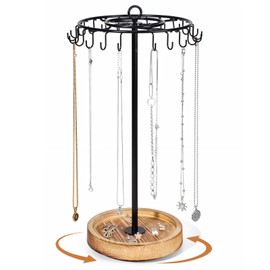 Rotating Necklace Holder, Necklace Display Organizer Stand with 24 Hooks, Spinning Jewelry Necklace Stand, Wooden & Metal, Tall for Vendors Retail Selling, Craft Show, Gift for Women, Vintage Black