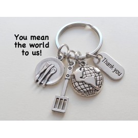 Food Server, School Lunch Serving Staff Appreciation Keychain, World Globe Charm Keychain with Small Spatula, Plate, and Thank You Charm