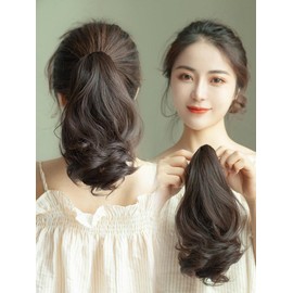 MISS FANCY Ponytail Curly Wig, Women Wig, Easy Clip Type, Hair Extension, Fluffy Curly Hair, Natural, Wig Part, Length 15.7 inches (40 cm), 4 Colors, Point Wig, Wave, Fashion Everyday (Brown Black)
