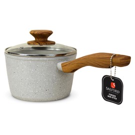 SALFORD Forged Non Stick Aluminium Saucepan 160mm Glass Lid with Soft Touch Wooden Handle - Cookware Ideal for Boiling, Simmering and Sauces PFOA Free