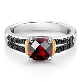 Gem Stone King 925 Silver and 10K Yellow Gold Red Garnet and Black Diamond Engagement Ring For Women (1.10 Cttw, Gemstone January Birthstone, Cushion Checkerboard 6MM, Size 9)