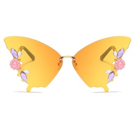 YAMEIZE Vintage Rhinestone Butterfly Rimless Sunglasses - for Women Men Trendy Diamond Crystal Butterfly Shaped Rhinestone Butterfly Eyewear UV Protection Party, Gradient Orange