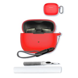 Case for Bowers & Wilkins Pi8 Wireless Earbuds,Soft Protective,Shockproof, BOVUGAC Silicone Case Cover with Keychain & Cleaning Kit & Lanyard-Red