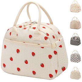 Carry bloom Lunch Box for Women, Insulated Lunch Bag Cute Corduroy Lunchbag Reusable Lunchbox for Work,Strawberry Beige