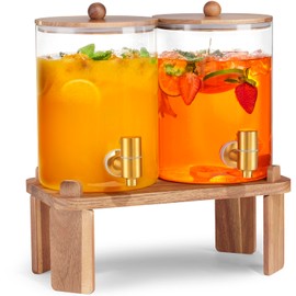2 PCS 1 Gallon Drink dispenser, Glass Beverage Dispenser With Wood Stand, Large Water Drink Dispensers for Parties With Stainless Steel Spigot, Ideal for Lemonade,Juice, Tea, and Party Drinks