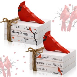 Soaoo Set of 2 Cardinal Wooden Book Stack Red Bird Christmas Tiered Tray Decor Red Sympathy Gift Remembrance Gift for Loss Farmhouse Wooden Faux Books for Christmas Home Kitchen Shelf Tabletop