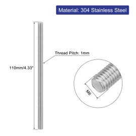 sourcing map 6Pcs Fully Threaded Rod, M6 x 110mm 304 Stainless Steel Right Hand Thread Bar Studs M6-1 Thread Pitch for Furniture Machinery Assembly
