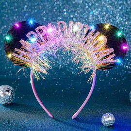 Aceorna Light Up Birthday Mouse Ears Headbands Led Gold Happy Birthdays Hairbands Glowing Birthday Crown Glitter Birthdays Hair Accessories for Women (Pink, One Size)