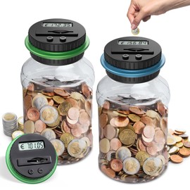 Pack of 2 Digital Money Boxes with Counter, 1.8 L Large Money Box, Electronic Piggy Bank with LCD Display, Euro Money Saving, Transparent Coin Counter, Automatic, Gift for Children and Adults (Blue +