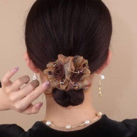 AsggBah 3pcs Hair Scrunchies with Duel-Flowers for Women Elastic Hair Ties Hair Bands for Mother's Day Birthday (Purple+Brown+Blue)