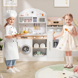 INFANS Kids Kitchen Playset, Toddler Wooden Kitchen Pretend Cooking Toy Set with Coffee Maker Ice Machine Dishwasher Microwave Storage Cabinet, Simulation Play Kitchen for Boys Girls 3+ (White)