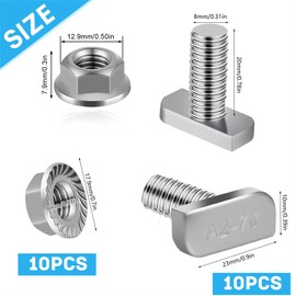 T Bolt Set M8x20mm T Slot Drop-in Bolt Hammer Head Bolts T Shape Stud Sliding Screw with 10 Pcs Hexagon Flange Nuts for Aluminum Extrusion Profile Photovoltaic Solar Mounting