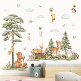 decalmile Large Forest Animals Tree Wall Decals Bear Deer Fox Woodland Wall Stickers Baby Nursery Kids Room Daycare Wall Decor