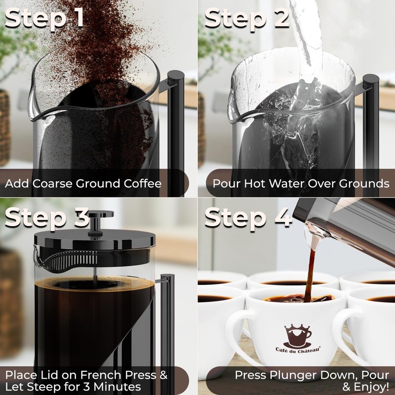 Cafe Du Chateau Stainless Steel French Press Coffee Maker -