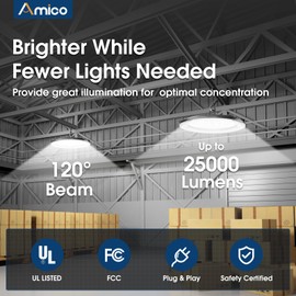 Amico 1 Pack 200W LED High Bay Light, 25,000LM, 5000K Daylight Super Bright UFO High Bay Lights with Power Cord Included, IP65 Commercial Shop Lights for Warehouse Garage Fixture, UL & FCC