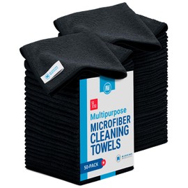 12" x 12" Microfiber Cleaning Cloths (50 Pack) - Reusable Towels, Wash Rags, Dust Cloth, All-Purpose: Kitchen, Dish, Cars, Shop, Glass (Black)