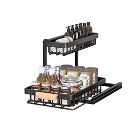 HEVOY 2-Tier Sliding Under Sink Organizer, L-shape Pull Out Cabinet Organizers, Multi-purpose Sink Storage Shelves, Metal Mesh Drawer Organizer for Bathroom Kitchen (Black, Pull-Down Style)