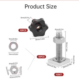 KUKUJIWA 10 pcs T track bolts - roof rack bolts M8 x 35 mm with thumb screws m8 with nut washer 20x20mm square sliding blocks for roof rack rail carrier