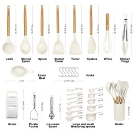 Kitchen Cooking Utensils Set,29 pcs Non-Stick Silicone Cooking Kitchen Utensils Set with Holder, Wooden Handle Silicone Kitchen Gadgets Utensil Set Spatula Turner Spoon Tongs Whisk (White)
