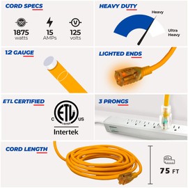 75 ft Power Extension Cord Outdoor & Indoor Heavy Duty 12 Gauge/3 Prong SJTW (Yellow) Lighted end Extra Durability 15 AMP 125 Volts 1875 Watts ETL Listed by LifeSupplyUSA