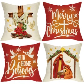 Ussap Merry Christmas Nativity Religious Decorative Throw Pillow Cover Set of 4, Cross Poinsettia Angel Dove Christian Cushion Case Decor, Xmas Snowflake Pillowcase Decorations for Sofa Couch 18 x 18
