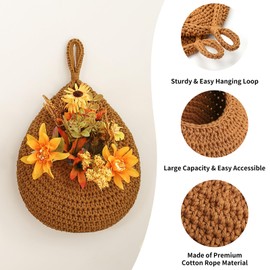 Boho Wall Hanging Fruit Baskets for Kitchen 3 Pack Woven Produce Holder with 6 Pcs Strong Hooks Vegetable Hanging Basket for Organizing Teardrop Home Wall Potato Onion Storage, Green