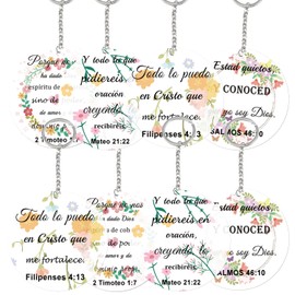 Remerabel 12 Pcs Acrylic Spanish Christian Keychain Tag 2 inch Flower Bible Verse Keychain Card Wreath Scripture Gifts Inspirational Key Ring Bag Pendant Gifts for Women Men