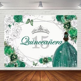 Katingqi Quinceanera Decorations Backdrop Mis Quince Anos Quinceañera 15th Birthday Party Decor for Girl Green Silver Glitter Floral Crown Butterfly Banner Photography Background Party Favors 7x5ft