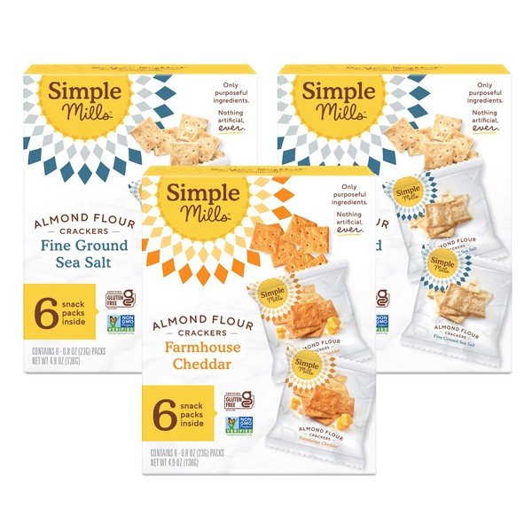Simple Mills Almond Flour Crackers, Snacks Variety Pack (Fine Ground Sea Salt and Farmhouse Cheddar) - Gluten Free, Healthy Snacks, Plant Based, 4.9 Ounce (Pack of 3)