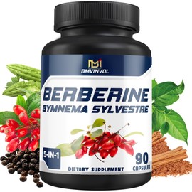 BMVINVOL 5-in-1 Berberine Supplement with Ceylon Cinnamon, Gymnema Sylvestre, Bitter Melon & Black Pepper - Supports Immune Function, Cardiovascular Heart (90 Count)