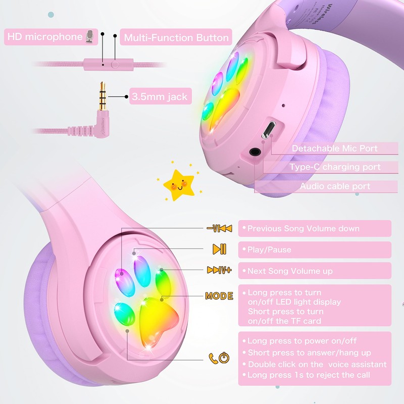 Riwbox CF9 - Auriculares Bluetooth para niños con luz LED,