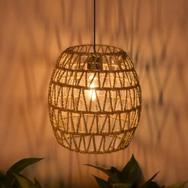 Battery Operated Outdoor Chandelier for Gazebo Pendant Light with Remote Control LED Bulb Farmhouse Hanging Boho Lamp Rattan Shade Lantern Powered by 4*AA Batteries for Porch Patio Backyard Decor
