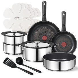 CAROTE 16pcs Stainless Cookware set with Temperature Spot, Removable Handle Pots and Pans Set Non Stick, Kitchen Cooking Set, Induction Cookware Set, RV Pot and Pan, Oven Safe, Black