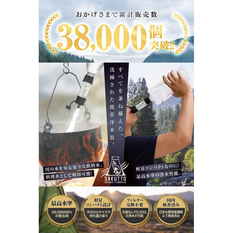 SAKUTTO Portable Water Purifier, Water Purifier, Filter, Outdoor, Disaster, Set