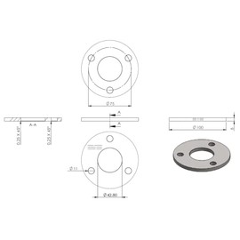 edelstahlonline24 Round Diameter 100 mm, 6 mm Thick, 3x Diameter 11 mm + Centre Diameter 42.8 mm Bore, Ground on One Side with Round Cut, V2A Stainless Steel