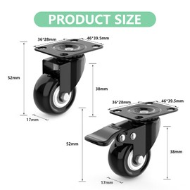 Furniture Castors Black 40 mm, Castors for Furniture Set of 4, Furniture Castors with Brake, Swivel Castors Black, Heavy Duty Castors Rubber Castors (2 with Brakes + 2 without Brakes)