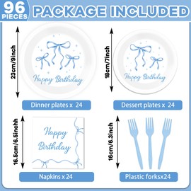 Yiaoyinnz 96PCS Blue Bow Birthday Party Decorations Bow Theme Tableware for Girls Coquette Bachelorette Plates Napkins Pink Party Supplies Happy Birthday Bridal Baby Shower Dinnerware Serve 24 Guests