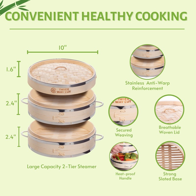 2-tier 10" Bamboo Steamer with Reinforcement & Handle, Reusable Silicone