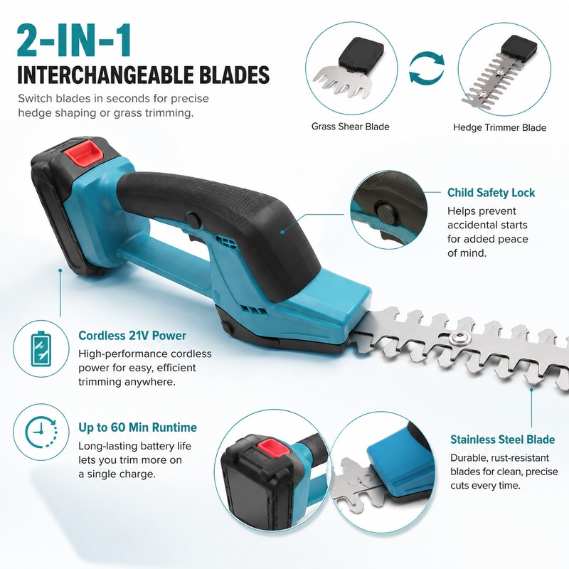 2-in-1 Cordless Hedge Trimmer and Grass Shear – 21V Handheld